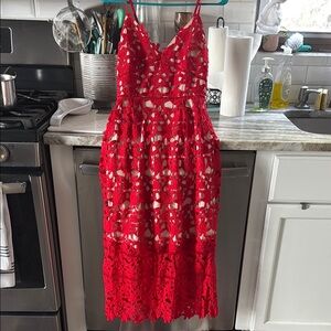 Red Midi Sundress with Spaghetti Straps and V-Neckline